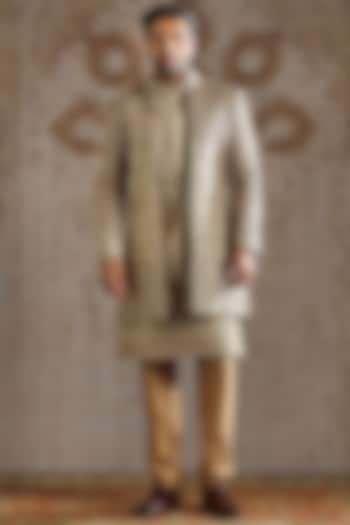 Gold Raw Silk Brocade Groom Indowestern Set by ASUKA at Pernia's Pop Up Shop