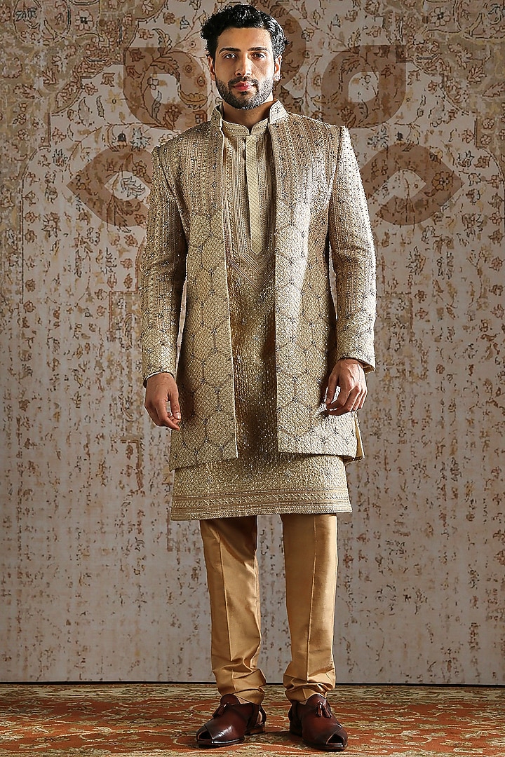 Gold Raw Silk Brocade Groom Indowestern Set by ASUKA at Pernia's Pop Up Shop