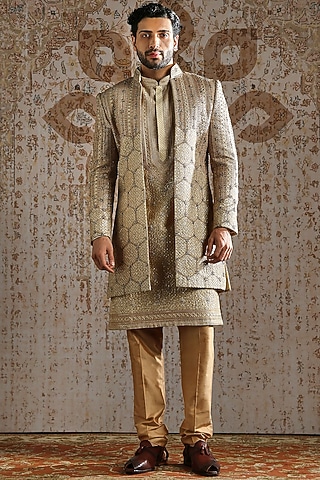 Gold Raw Silk Brocade Indowestern Set by ASUKA
