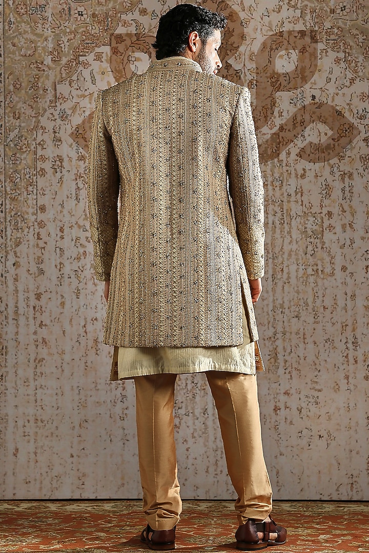 Gold Raw Silk Brocade Groom Indowestern Set by ASUKA at Pernia's Pop Up Shop