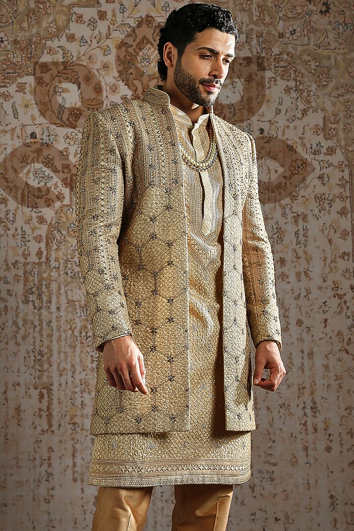 Gold Raw Silk Brocade Groom Indowestern Set by ASUKA at Pernia's Pop Up Shop