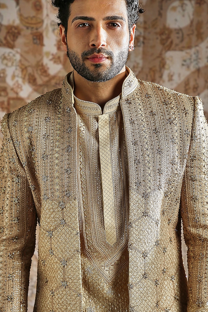 Gold Raw Silk Brocade Groom Indowestern Set by ASUKA at Pernia's Pop Up Shop