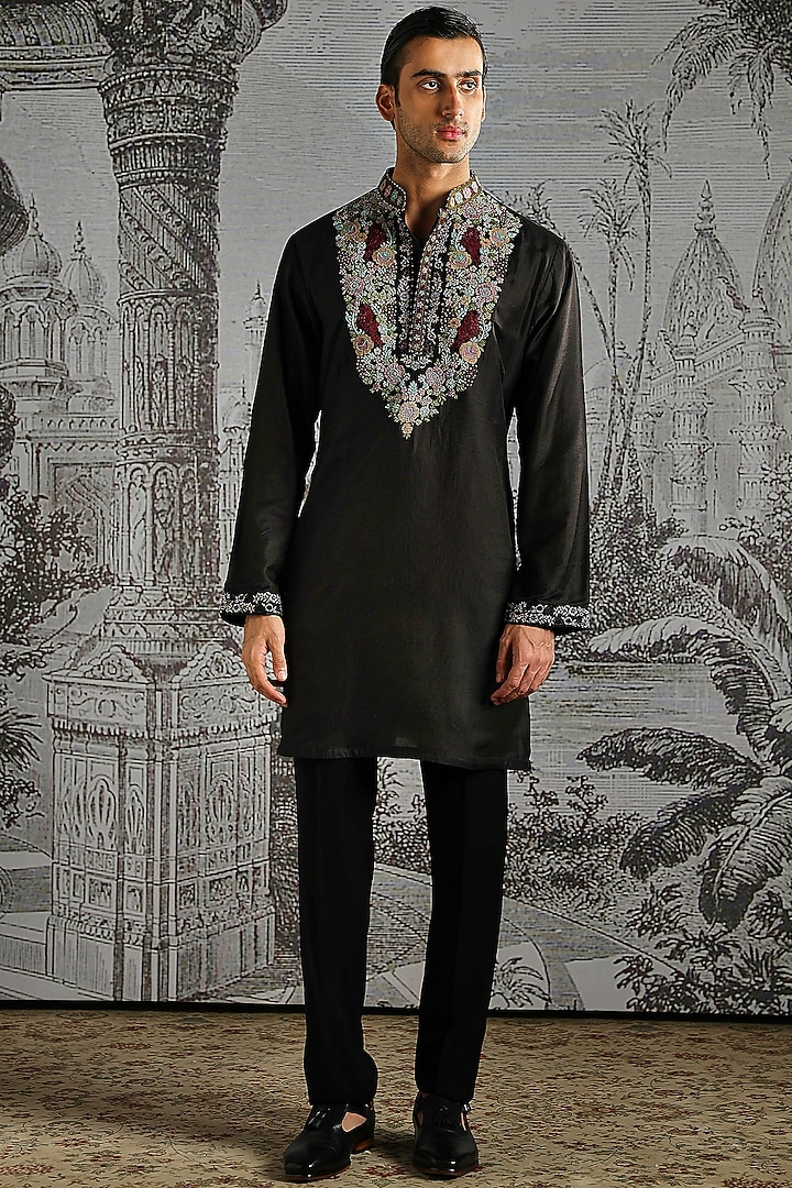 Black Chanderi Silk Kurta Set by ASUKA at Pernia's Pop Up Shop