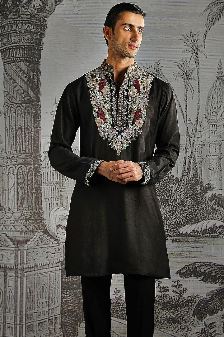 Black Chanderi Silk Kurta Set by ASUKA at Pernia's Pop Up Shop