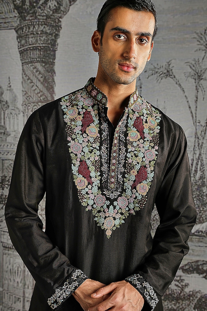Black Chanderi Silk Kurta Set by ASUKA at Pernia's Pop Up Shop