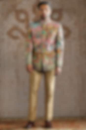 Beige Raw Silk Wedding Bandhgala Set by ASUKA at Pernia's Pop Up Shop