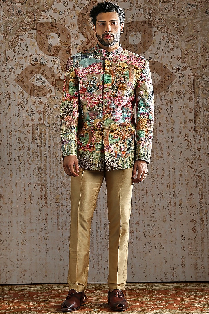 Beige Raw Silk Wedding Bandhgala Set by ASUKA at Pernia's Pop Up Shop