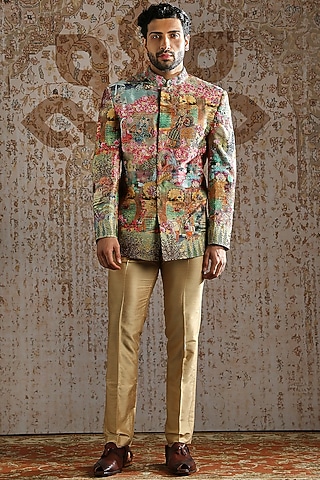 Beige Raw Silk Bandhgala Set by ASUKA