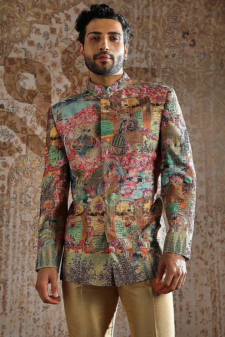 Beige Raw Silk Wedding Bandhgala Set by ASUKA at Pernia's Pop Up Shop