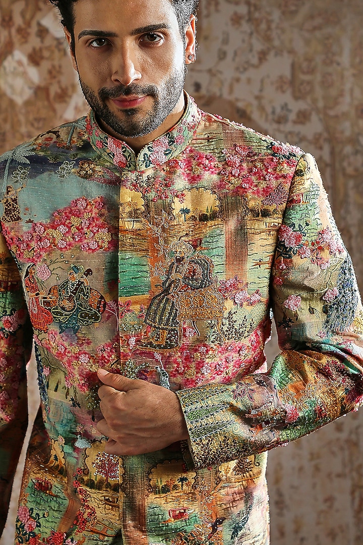 Beige Raw Silk Wedding Bandhgala Set by ASUKA at Pernia's Pop Up Shop