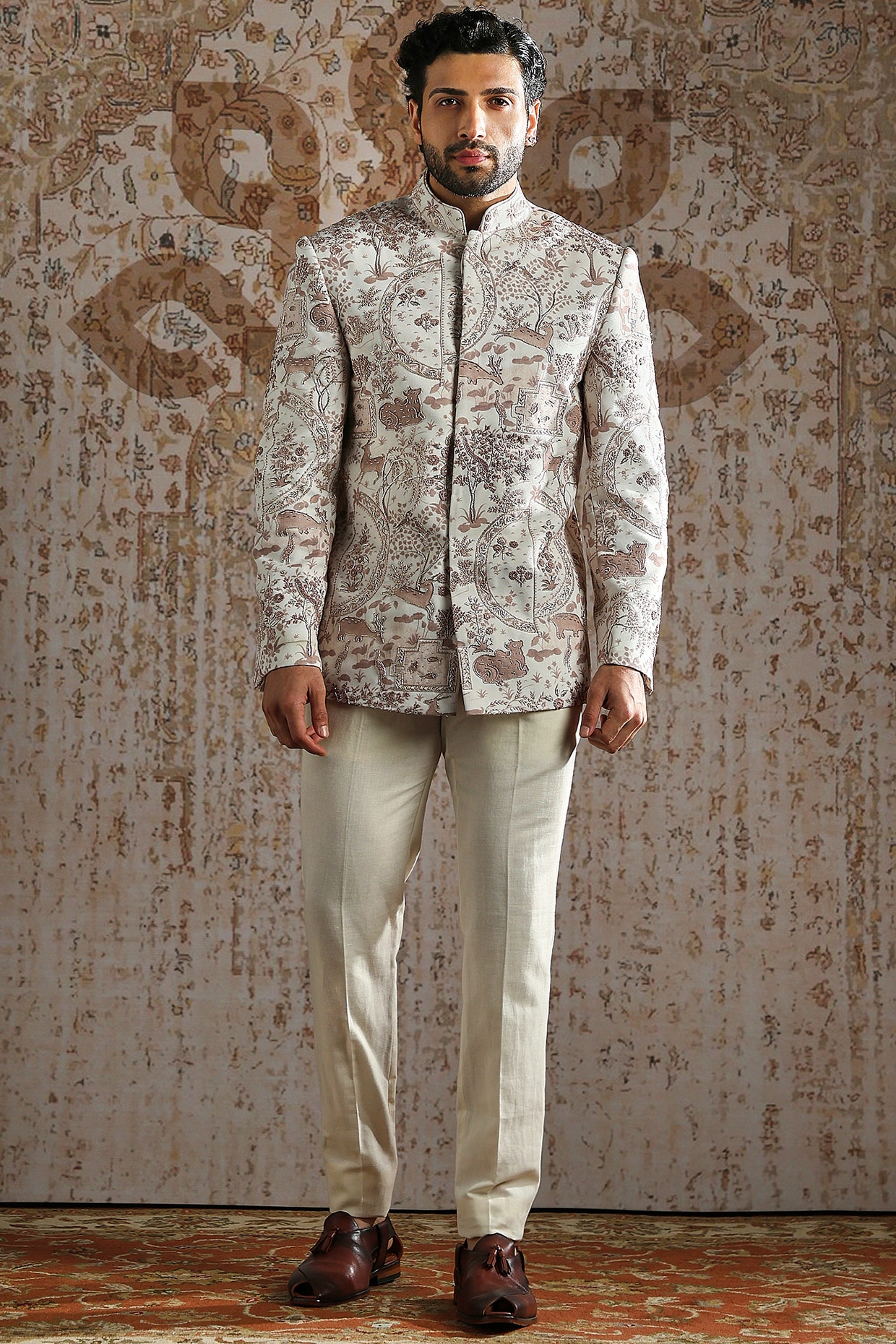 ASUKA Ivory Brocade Linen Printed Bandhgala Set