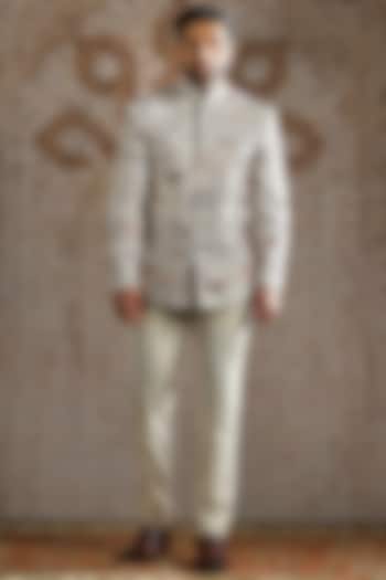 Ivory Brocade Linen Printed Wedding Bandhgala Set by ASUKA at Pernia's Pop Up Shop