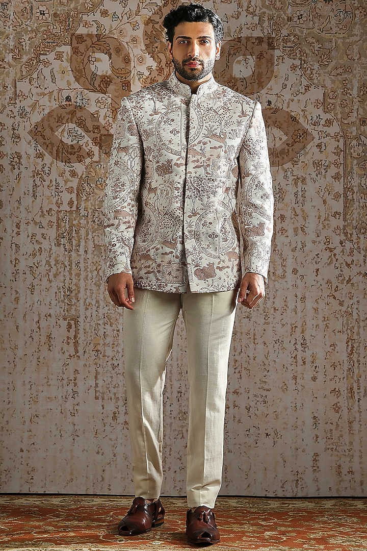 Ivory Brocade Linen Printed Wedding Bandhgala Set by ASUKA at Pernia's Pop Up Shop