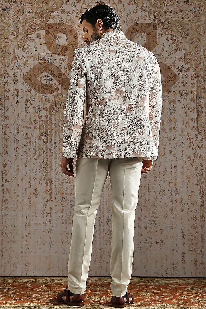 Ivory Brocade Linen Printed Wedding Bandhgala Set by ASUKA at Pernia's Pop Up Shop