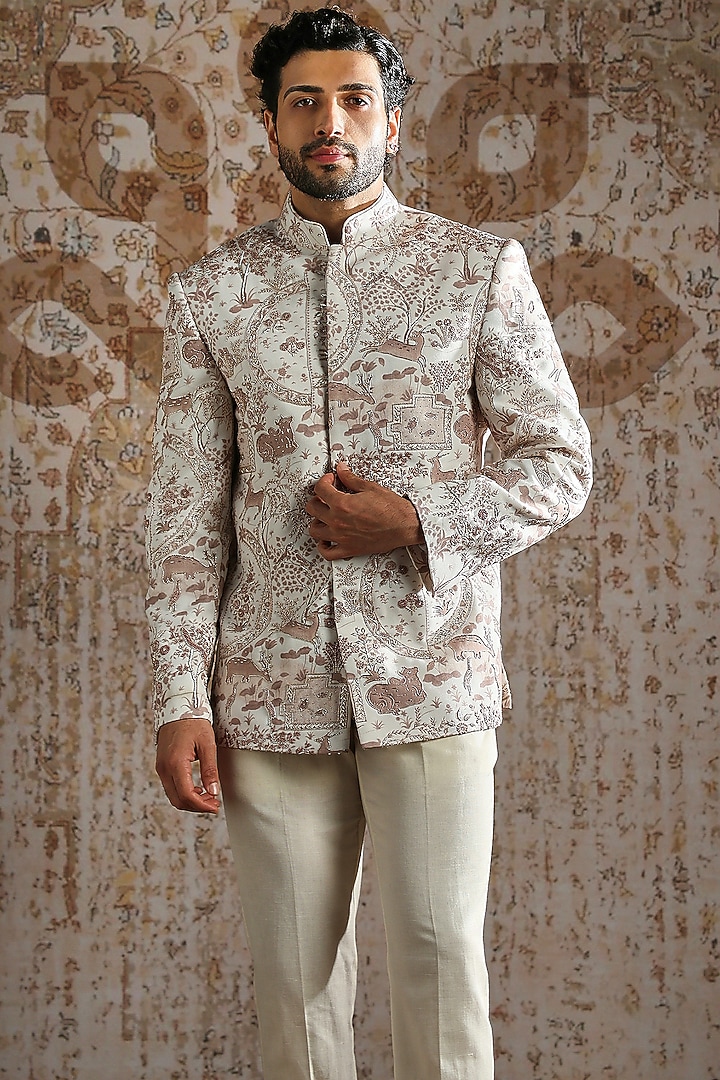 Ivory Brocade Linen Printed Wedding Bandhgala Set by ASUKA at Pernia's Pop Up Shop