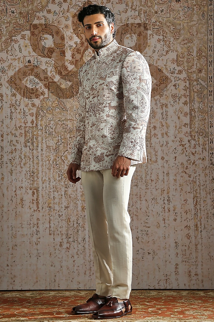 Ivory Brocade Linen Printed Wedding Bandhgala Set by ASUKA at Pernia's Pop Up Shop