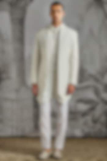 Ivory Structured Lachka Fabric Groom Indowestern Set by ASUKA at Pernia's Pop Up Shop