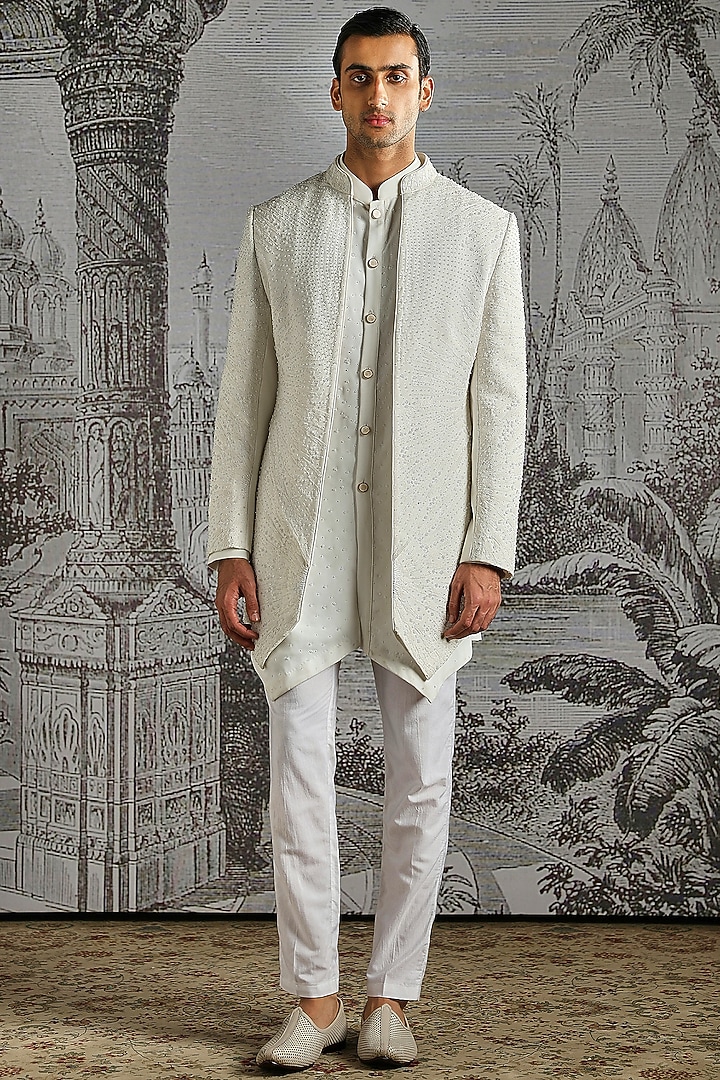 Ivory Structured Lachka Fabric Groom Indowestern Set by ASUKA at Pernia's Pop Up Shop