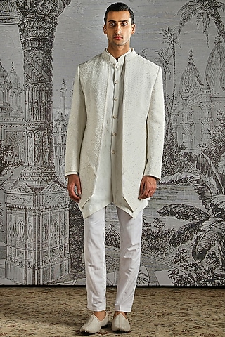 Ivory Structured Lachka Fabric Indowestern Set by ASUKA