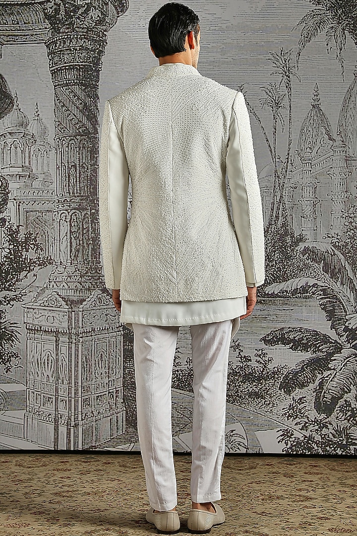 Ivory Structured Lachka Fabric Groom Indowestern Set by ASUKA at Pernia's Pop Up Shop
