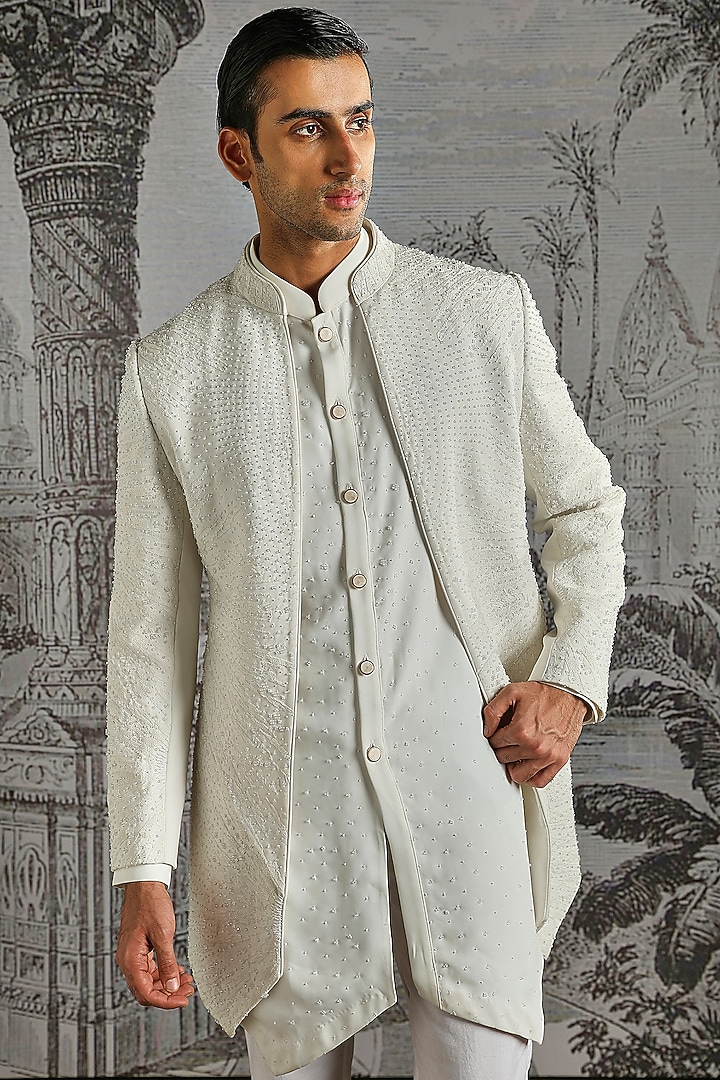Ivory Structured Lachka Fabric Groom Indowestern Set by ASUKA at Pernia's Pop Up Shop