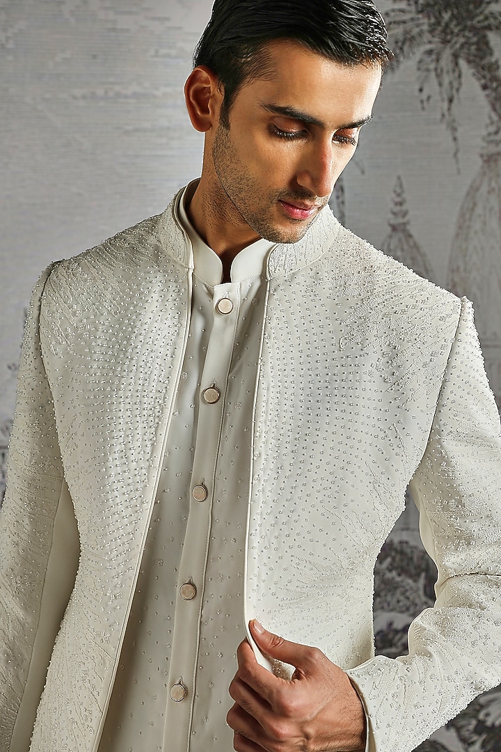 Ivory Structured Lachka Fabric Groom Indowestern Set by ASUKA at Pernia's Pop Up Shop