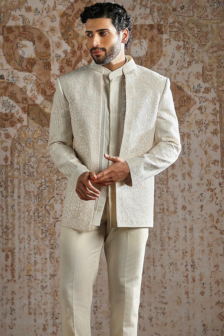 Cream Organza Motif Wedding Bandhgala Set by ASUKA at Pernia's Pop Up Shop
