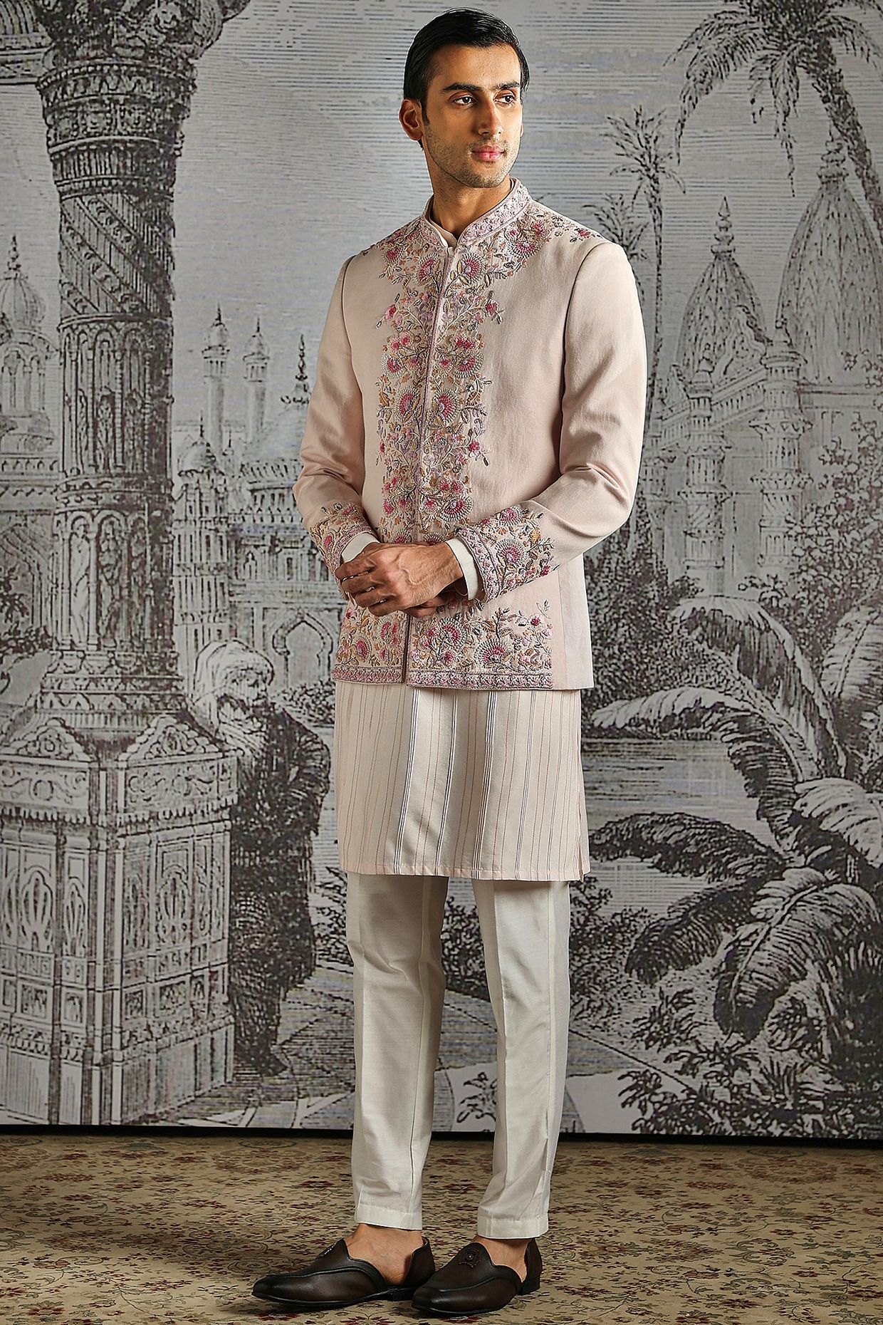 ASUKA Dusty Pink Linen Embroidered Bandhgala Set