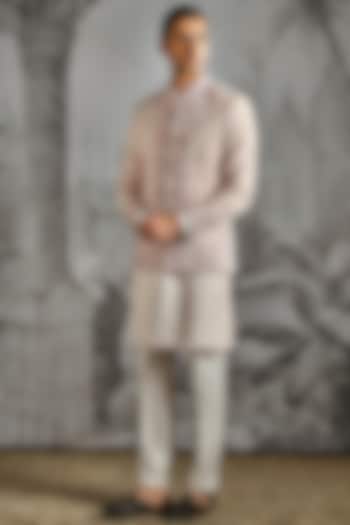Dusty Pink Linen Embroidered Wedding Bandhgala Set by ASUKA at Pernia's Pop Up Shop