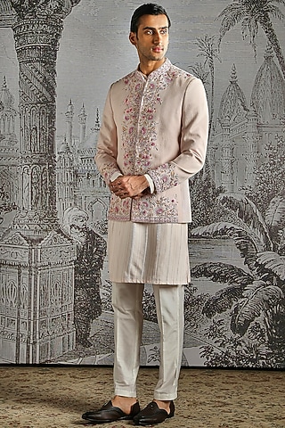 Dusty Pink Linen Embroidered Bandhgala Set by ASUKA