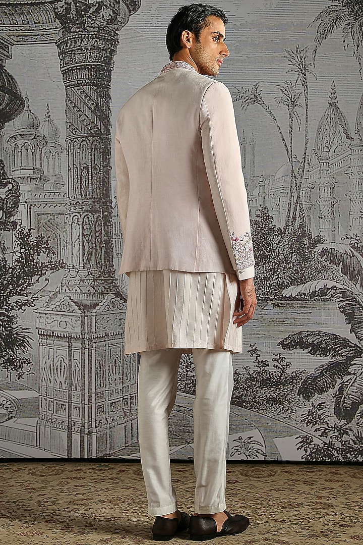 Dusty Pink Linen Embroidered Wedding Bandhgala Set by ASUKA at Pernia's Pop Up Shop