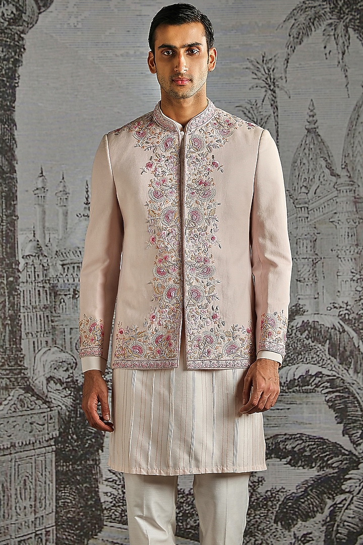 Dusty Pink Linen Embroidered Wedding Bandhgala Set by ASUKA at Pernia's Pop Up Shop