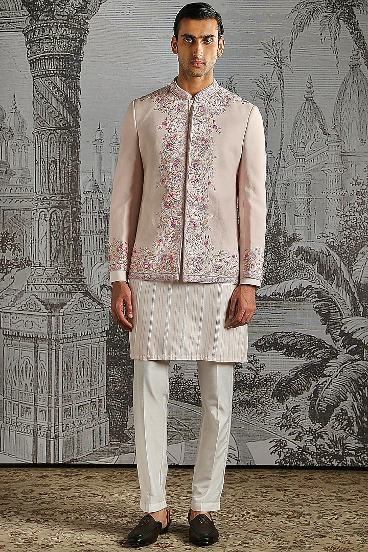 Dusty Pink Linen Embroidered Wedding Bandhgala Set by ASUKA at Pernia's Pop Up Shop