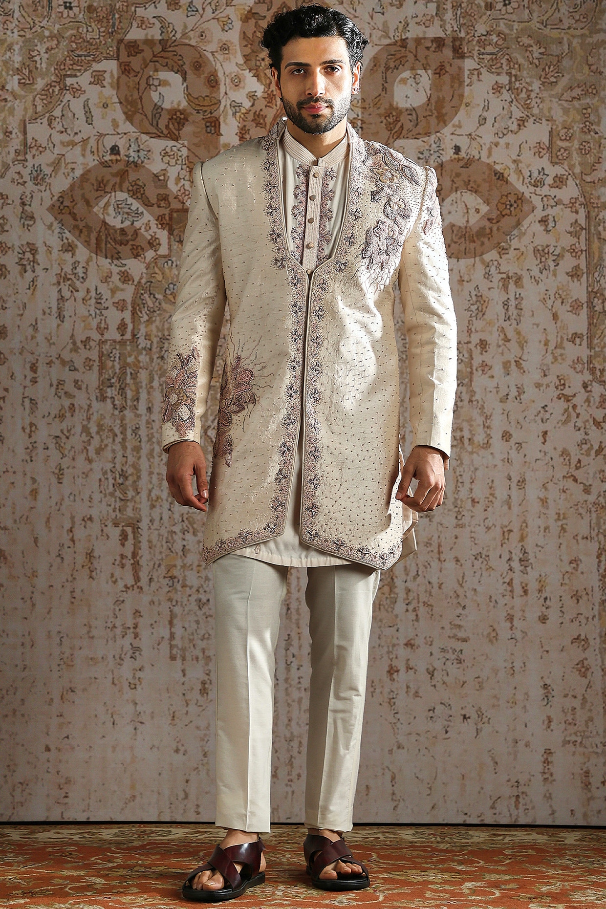 ASUKA Pearl Raw Silk Embroidered Angrakha Indowestern Set