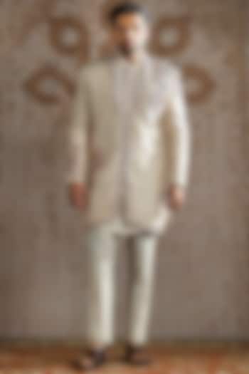 Pearl Raw Silk Embroidered Angrakha Groom Indowestern Set by ASUKA at Pernia's Pop Up Shop