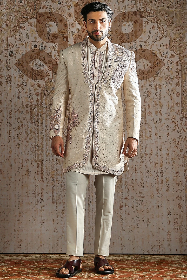 Pearl Raw Silk Embroidered Angrakha Groom Indowestern Set by ASUKA at Pernia's Pop Up Shop