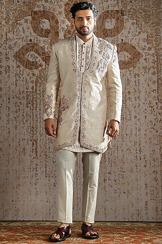 Pearl Raw Silk Embroidered Angrakha Indowestern Set by ASUKA