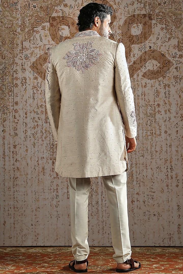 Pearl Raw Silk Embroidered Angrakha Groom Indowestern Set by ASUKA at Pernia's Pop Up Shop