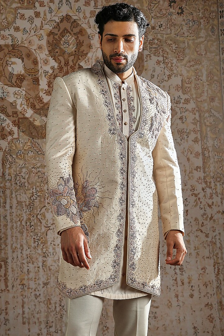 Pearl Raw Silk Embroidered Angrakha Groom Indowestern Set by ASUKA at Pernia's Pop Up Shop