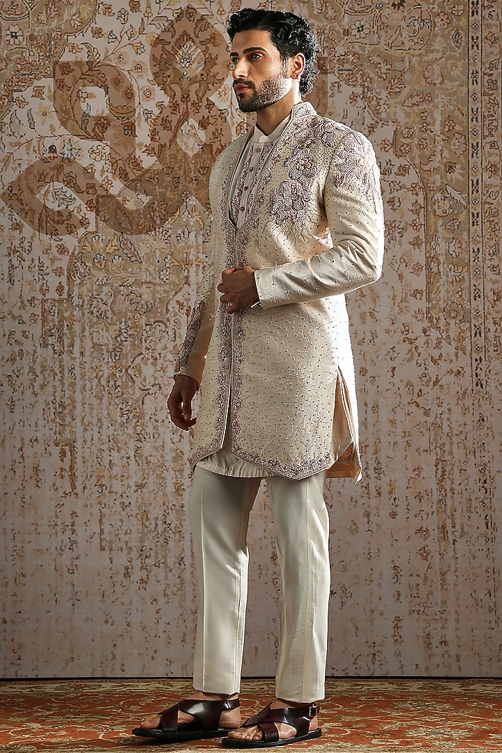 Pearl Raw Silk Embroidered Angrakha Groom Indowestern Set by ASUKA at Pernia's Pop Up Shop