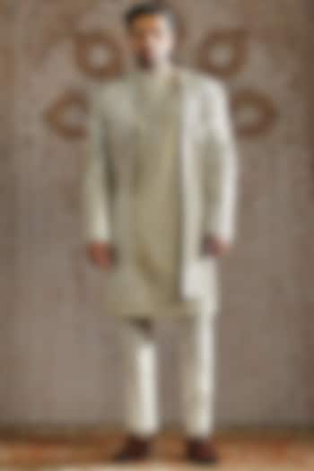 Ivory Brocade Raw Silk Groom Sherwani Set by ASUKA at Pernia's Pop Up Shop
