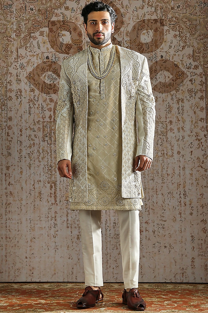 Ivory Brocade Raw Silk Groom Sherwani Set by ASUKA at Pernia's Pop Up Shop