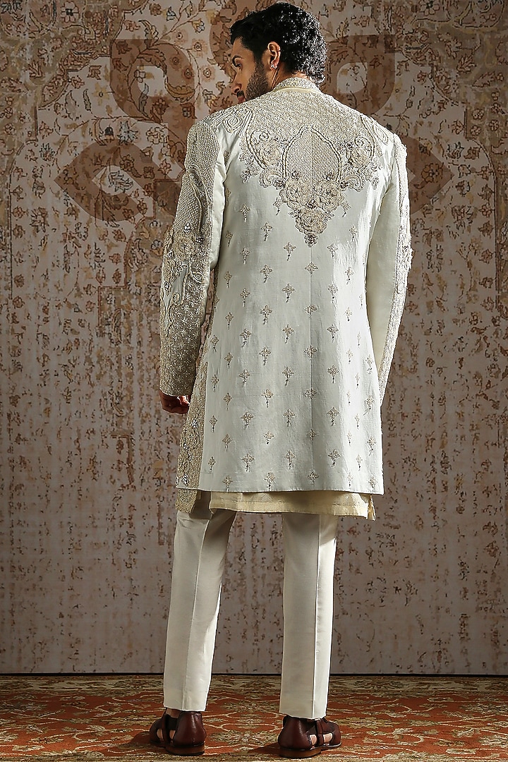 Ivory Brocade Raw Silk Groom Sherwani Set by ASUKA at Pernia's Pop Up Shop