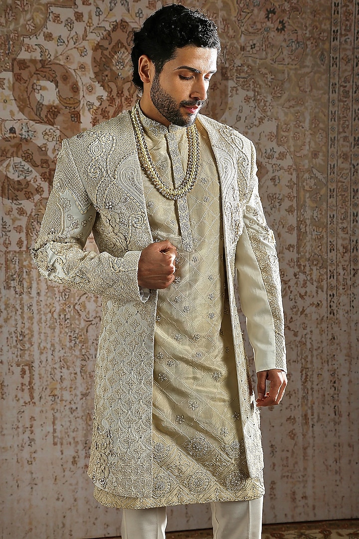 Ivory Brocade Raw Silk Groom Sherwani Set by ASUKA at Pernia's Pop Up Shop