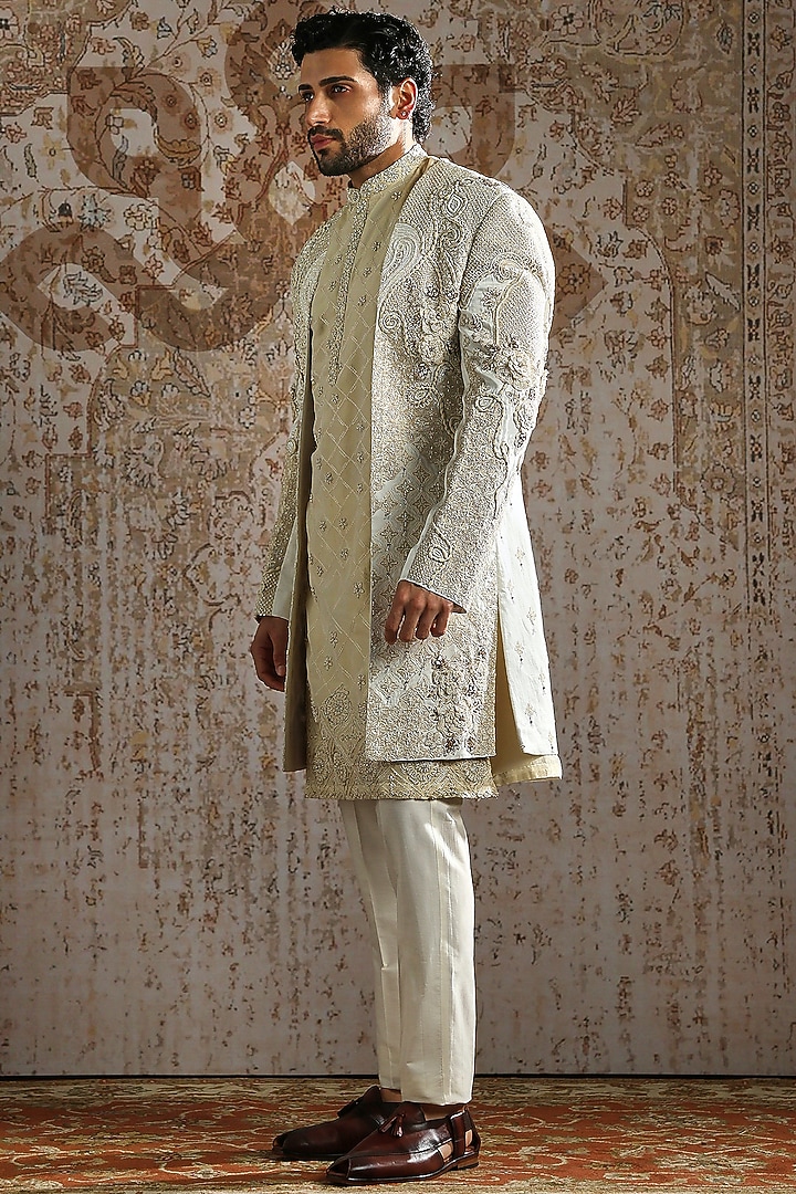 Ivory Brocade Raw Silk Groom Sherwani Set by ASUKA at Pernia's Pop Up Shop