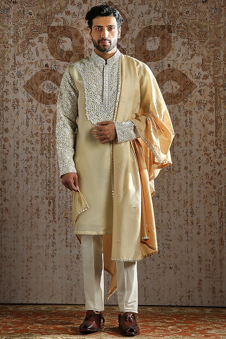 Honey Gold Tissue Embroidered Kurta Set by ASUKA at Pernia's Pop Up Shop