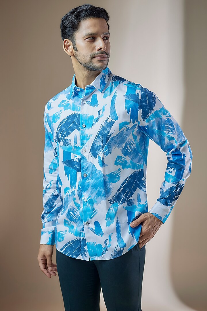 Sky Blue Cotton Printed Party Wear Shirt by ASUKA at Pernia's Pop Up Shop