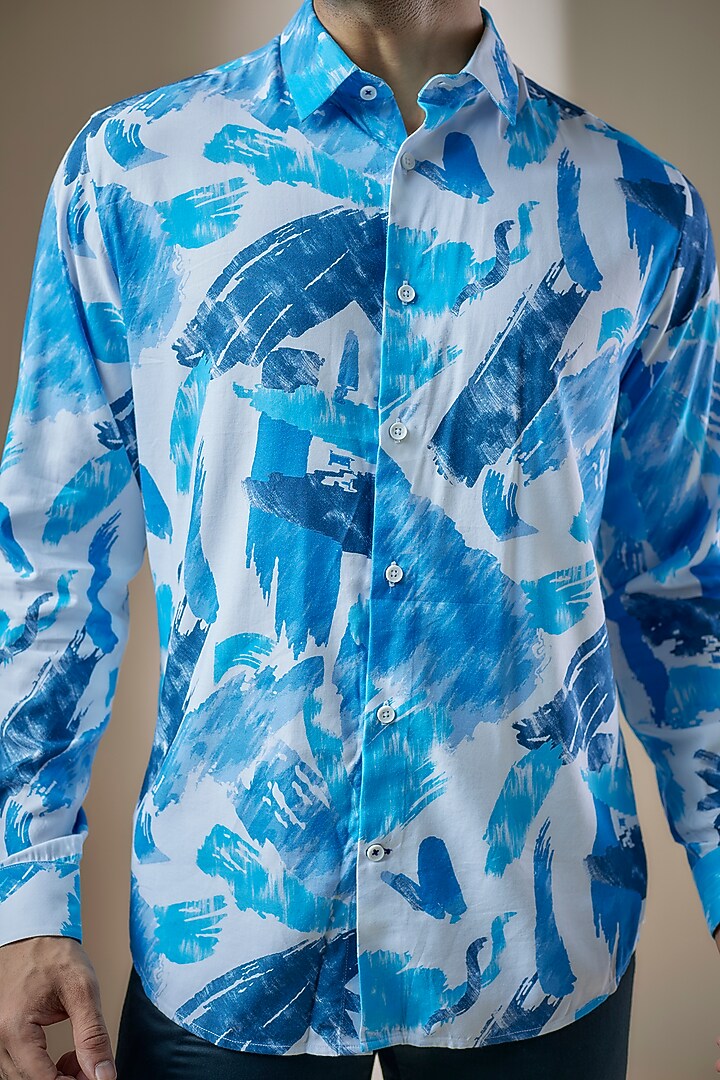 Sky Blue Cotton Printed Party Wear Shirt by ASUKA at Pernia's Pop Up Shop