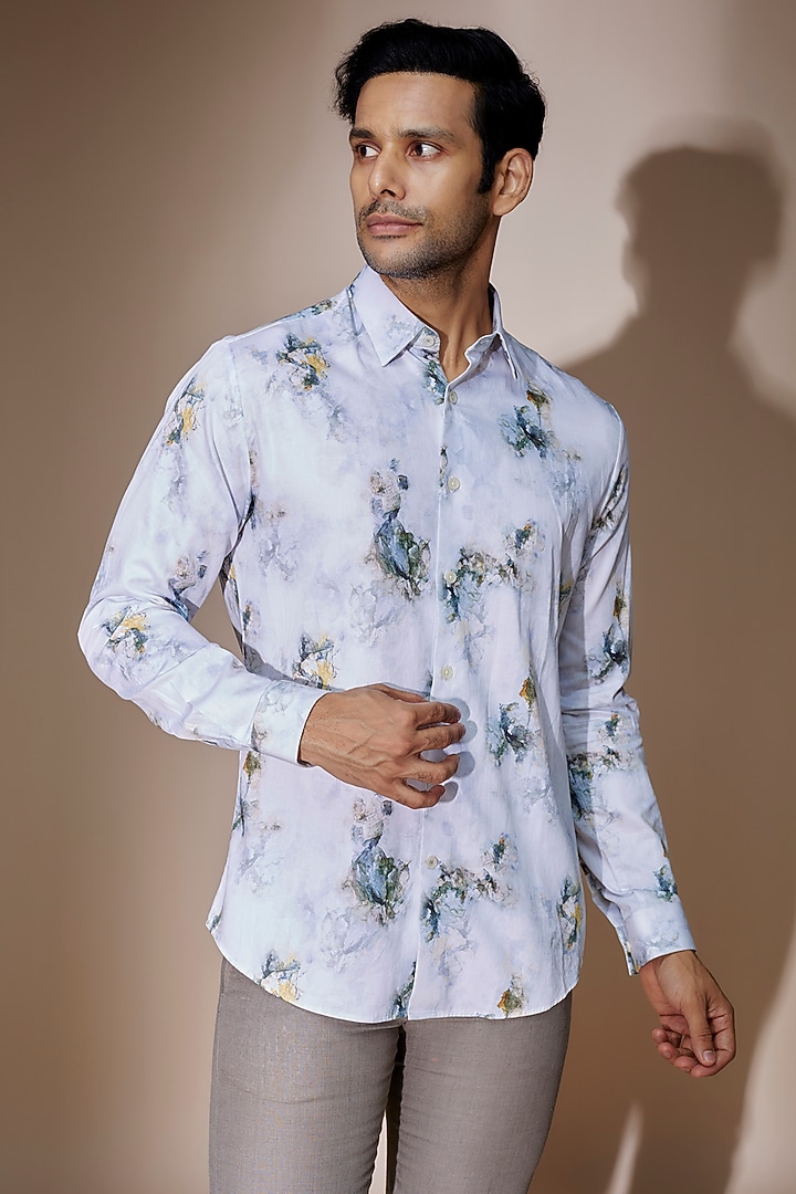 Light Blue Cotton Print Party Wear Shirt by ASUKA at Pernia's Pop Up Shop