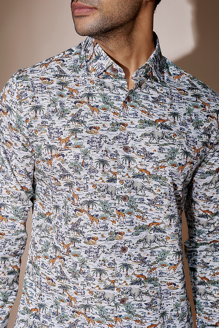 Olive Green Cotton Printed Party Wear Shirt by ASUKA at Pernia's Pop Up Shop